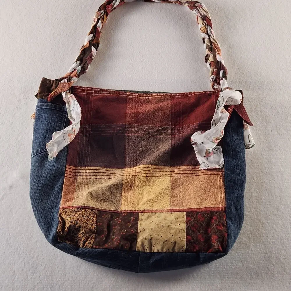 Shoulder Bag Patchwork Quilted Calico Braided Strap Boho Cottagecore